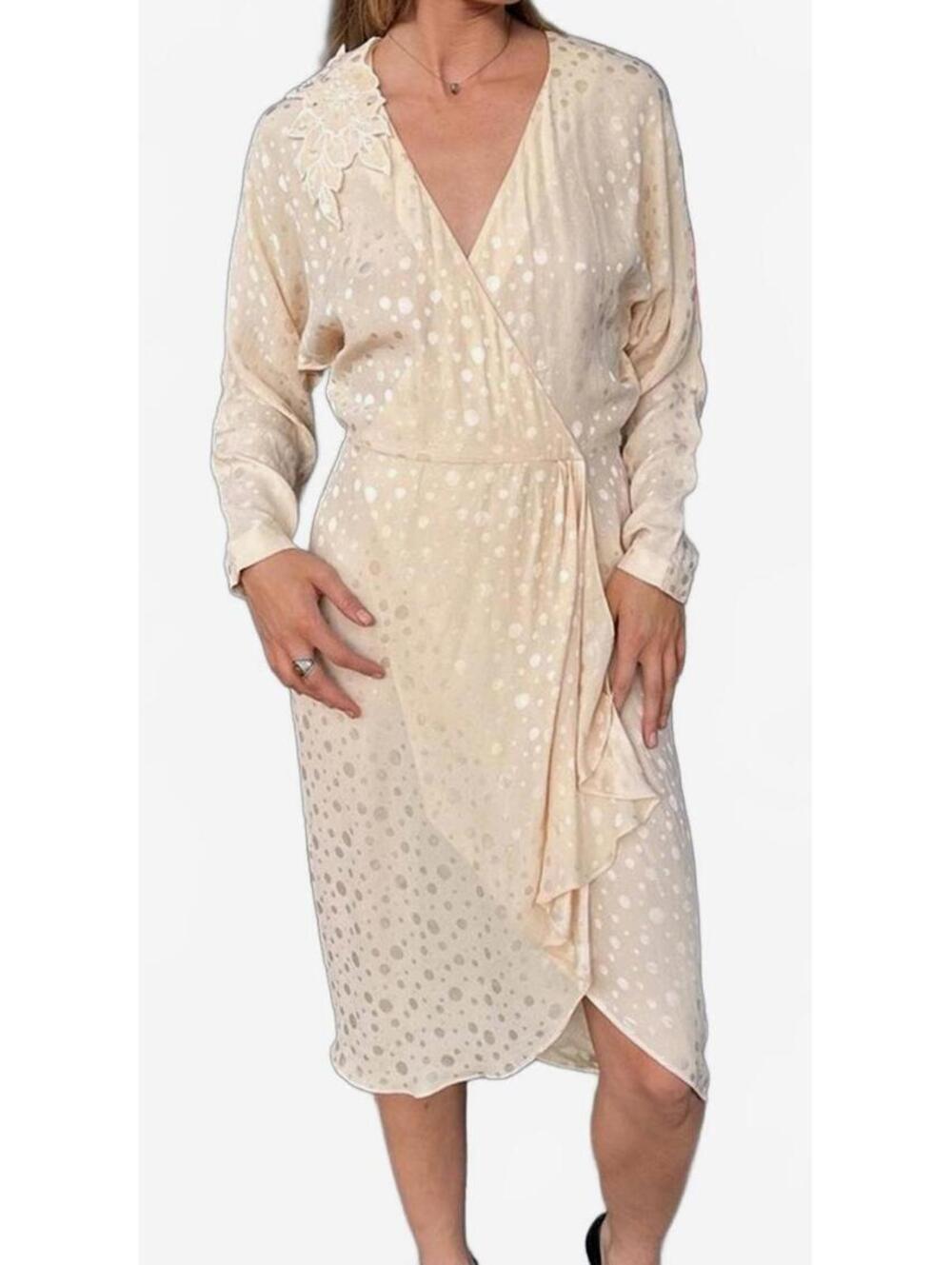 Vintage Helen Anderson Champagne Silk Polka Dot Wrap Maxi Dress